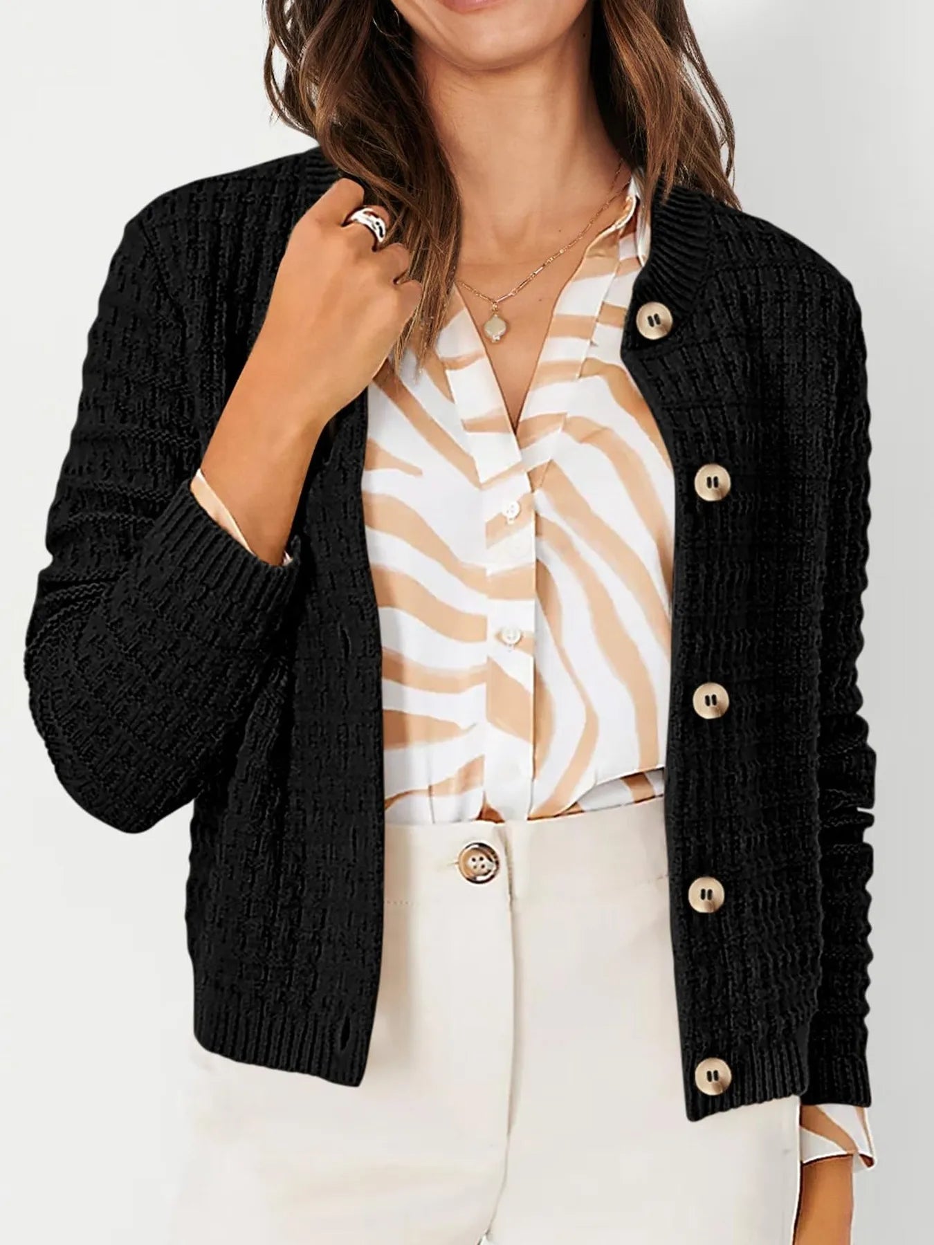 Textured Knit Button-Front Cardigan - Fashorio