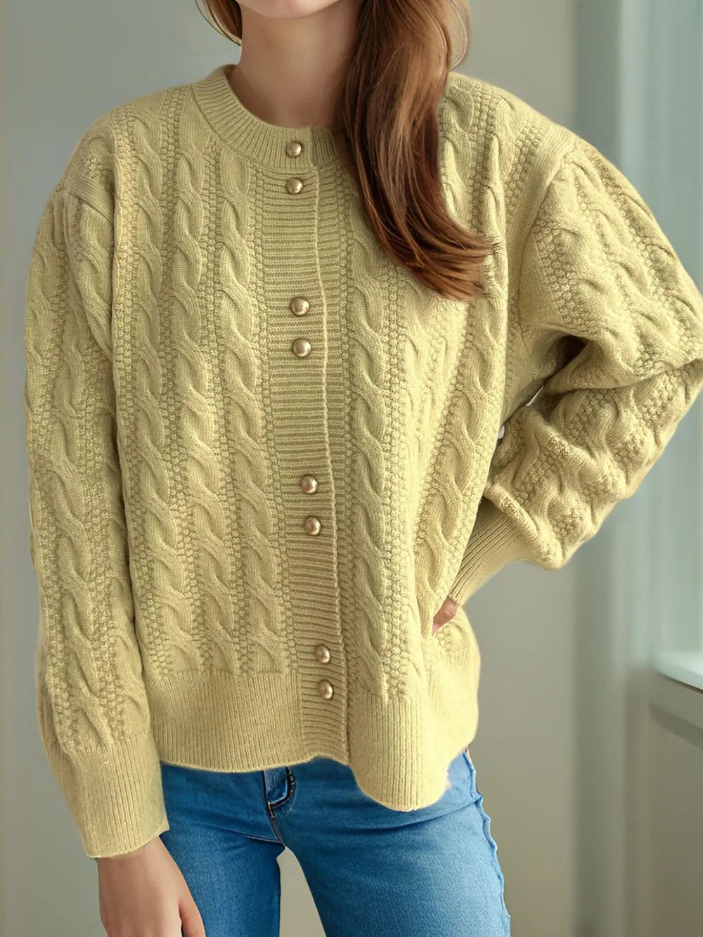 Cable-Knit Round Neck Long Sleeve Cardigan - Fashorio