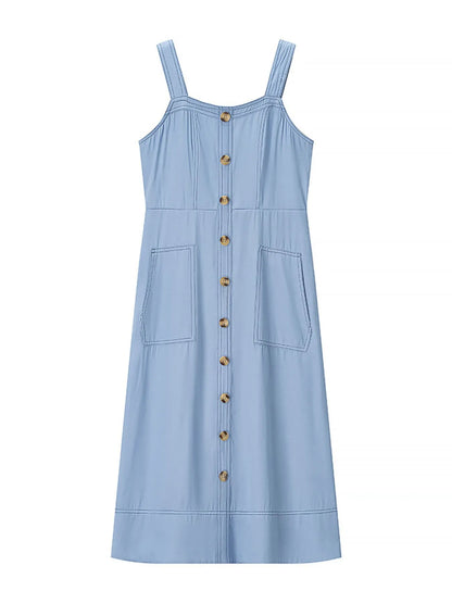 Wide Strap Sweetheart Neck Denim Dress - Fashorio