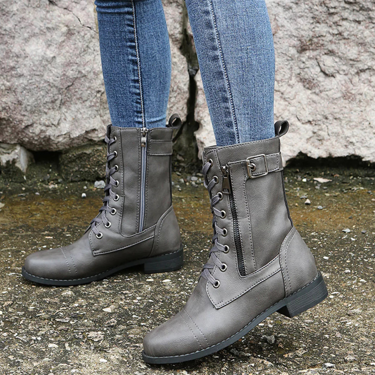 Lace Up Ankle Boots with Zipper Detail front view