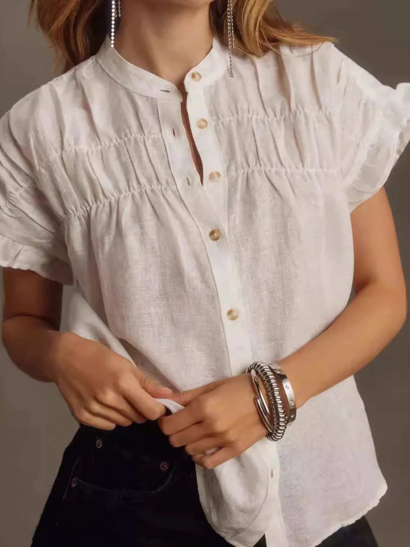 Ruffled Short Sleeve Button Up Shirt - Fashorio