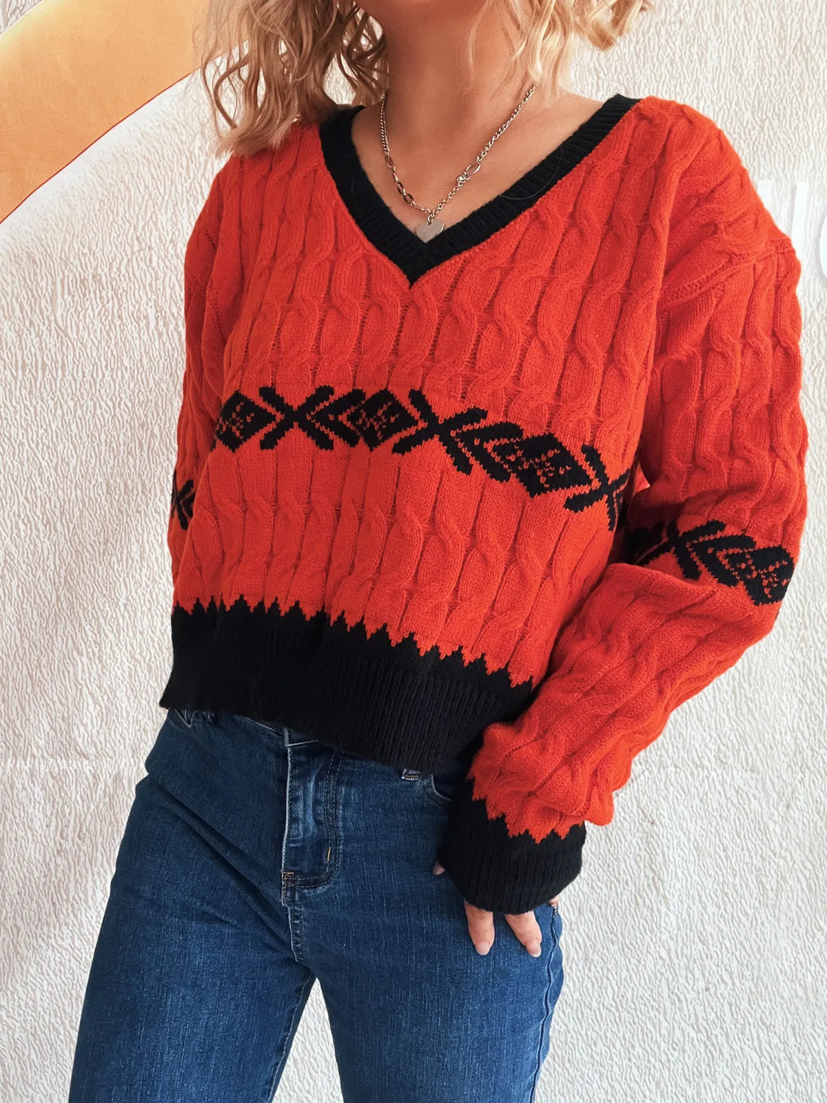 Cable Knit V Neck Sweater knit texture detail