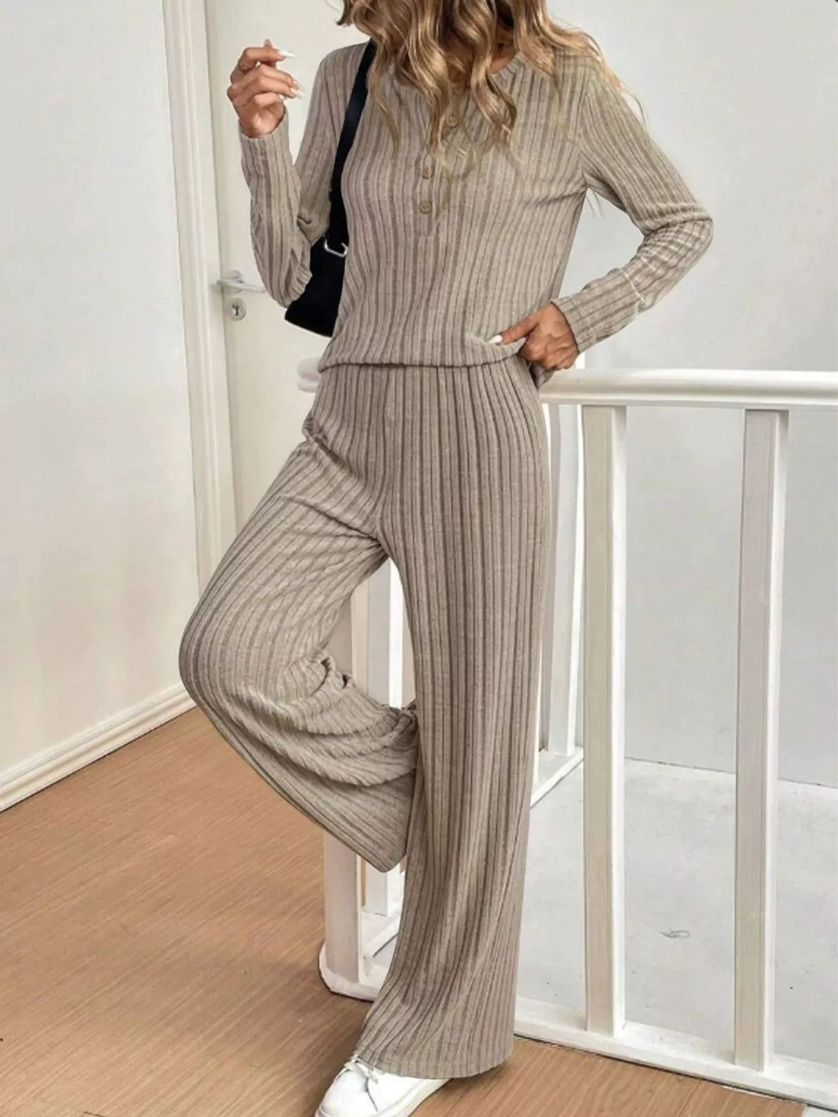 Ribbed Knit Button Front Top and Pants Set Plus Size, view 10