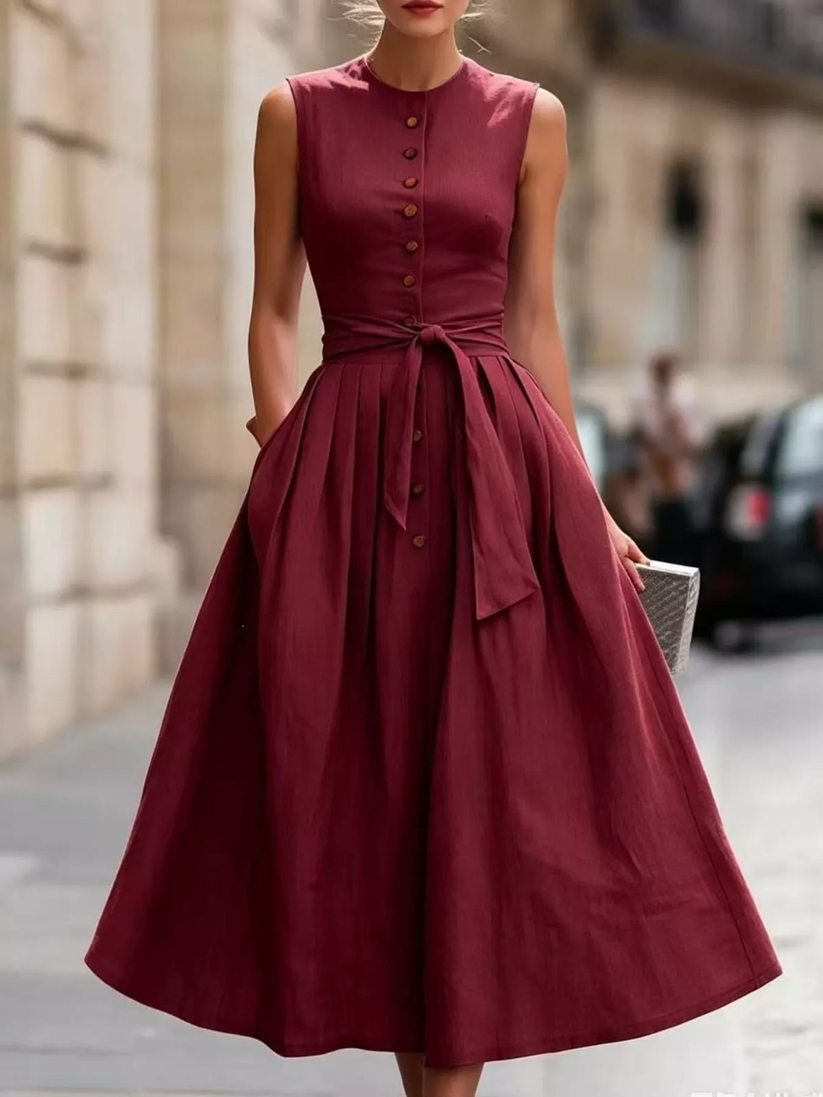 Midi dress shown in a caramel neutral tone