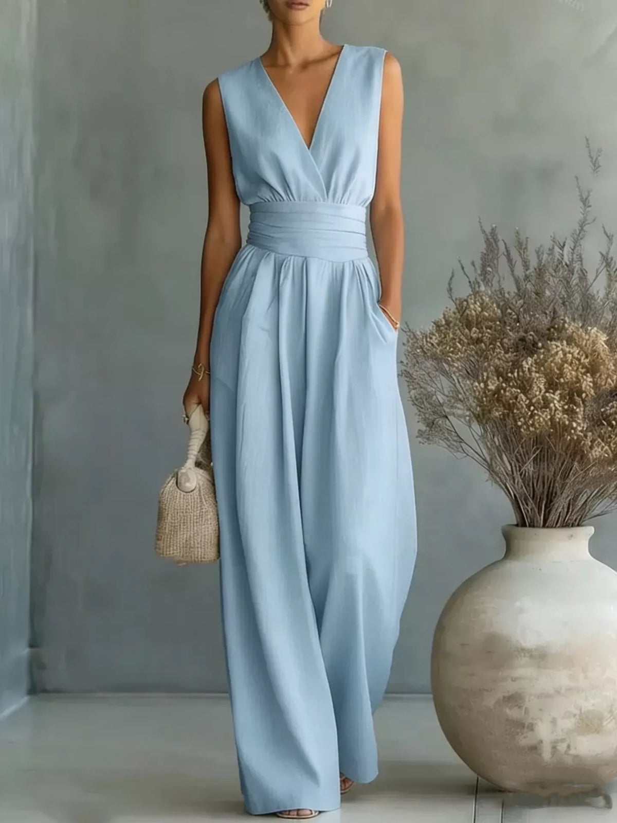 Wide leg jumpsuit bodice detail