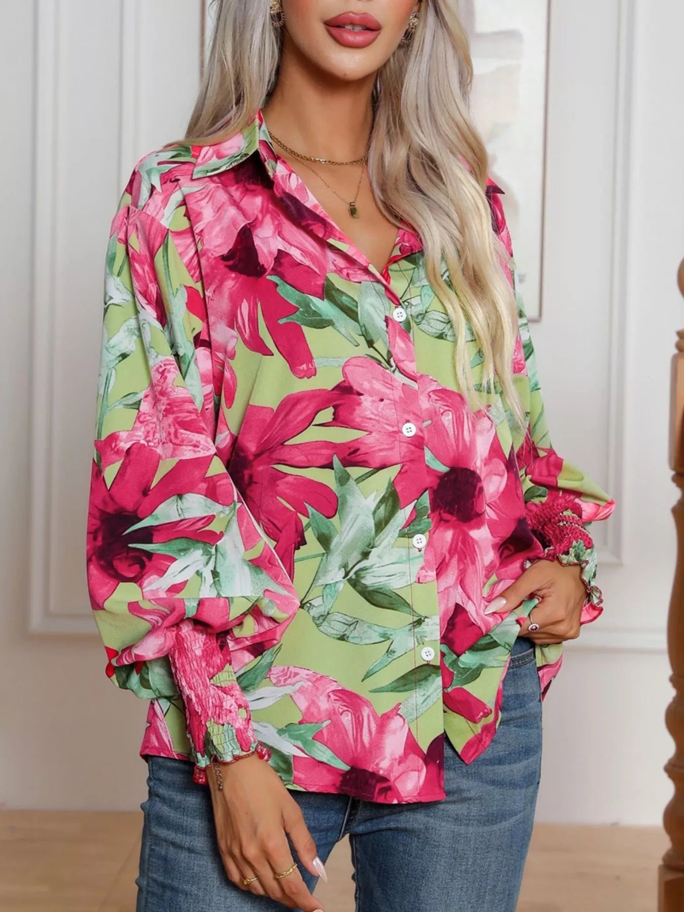Printed Button Up Long Sleeve Shirt - Fashorio