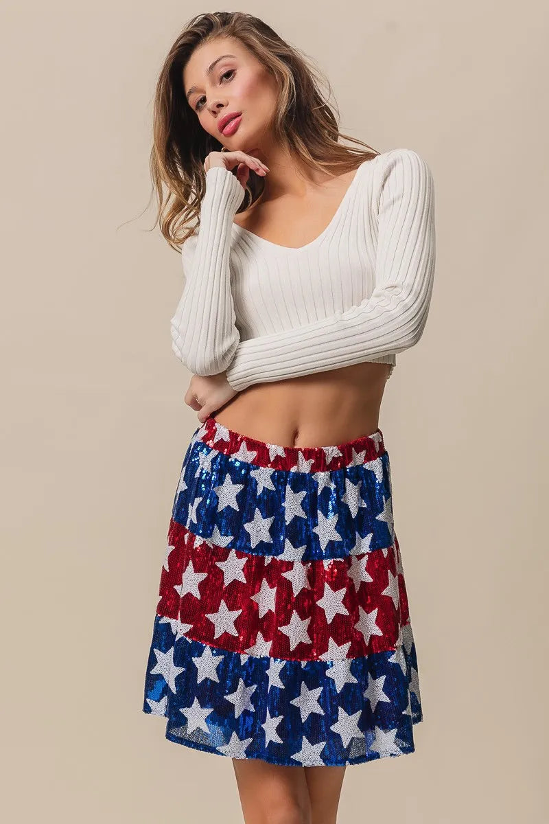 BiBi American Flag Theme Star Sequin Tiered Skirt - Fashorio
