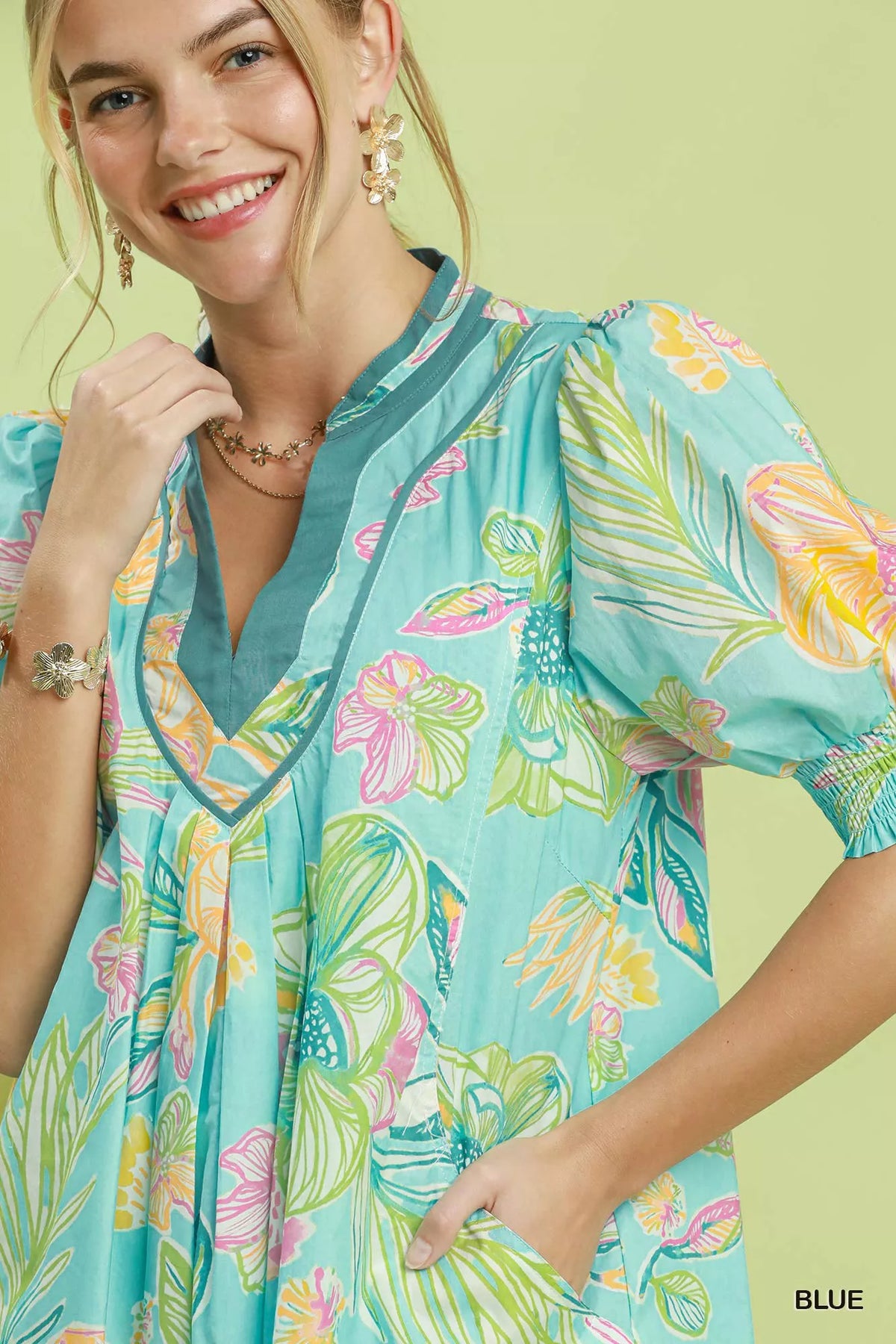 Umgee blue botanical floral print dress detail view