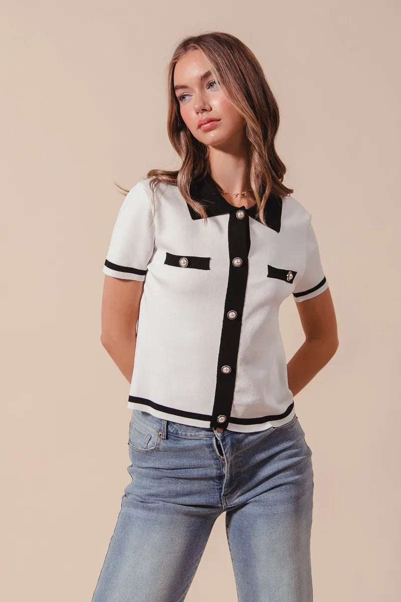 SO ME Button Down Knitted Sweater Shirt Top - Fashorio