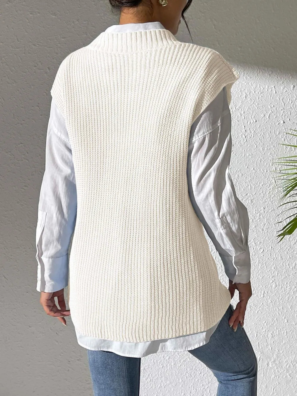 Floral V Neck Sweater Vest in Ivory back view