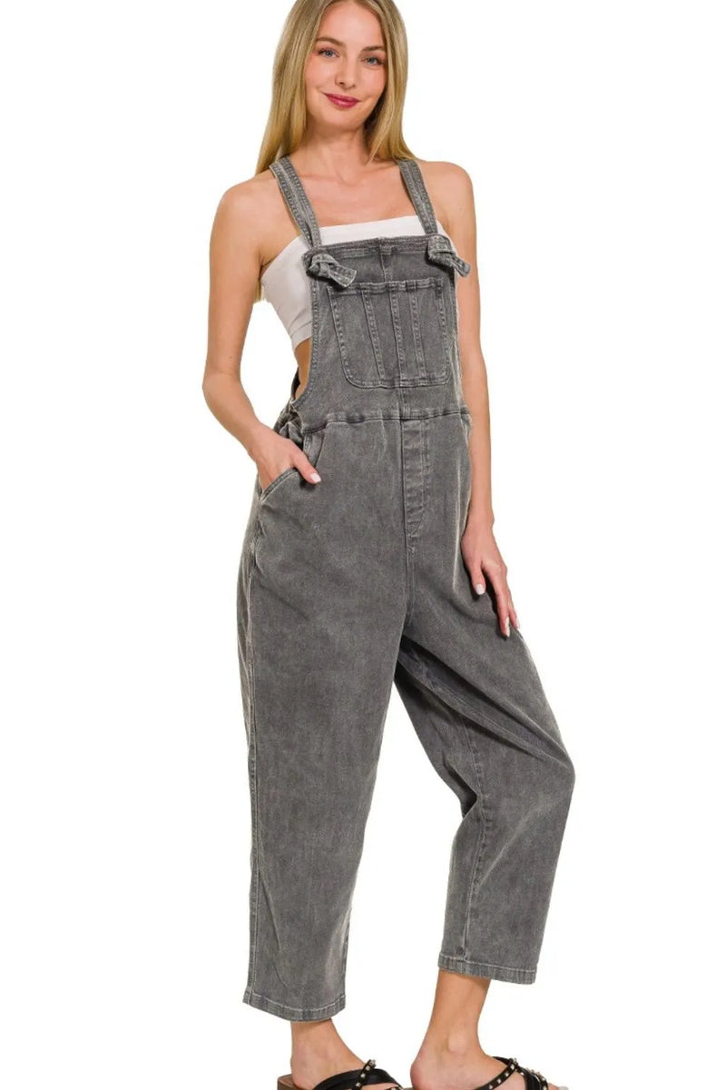 Washed knot strap relaxed fit denim overalls front view