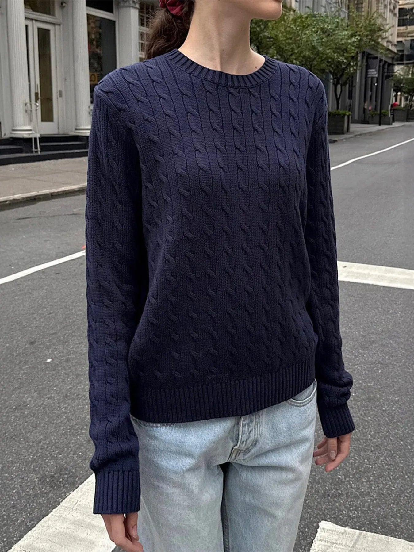 Cable-Knit Round Neck Pullover Sweater Dark Blue - Fashorio