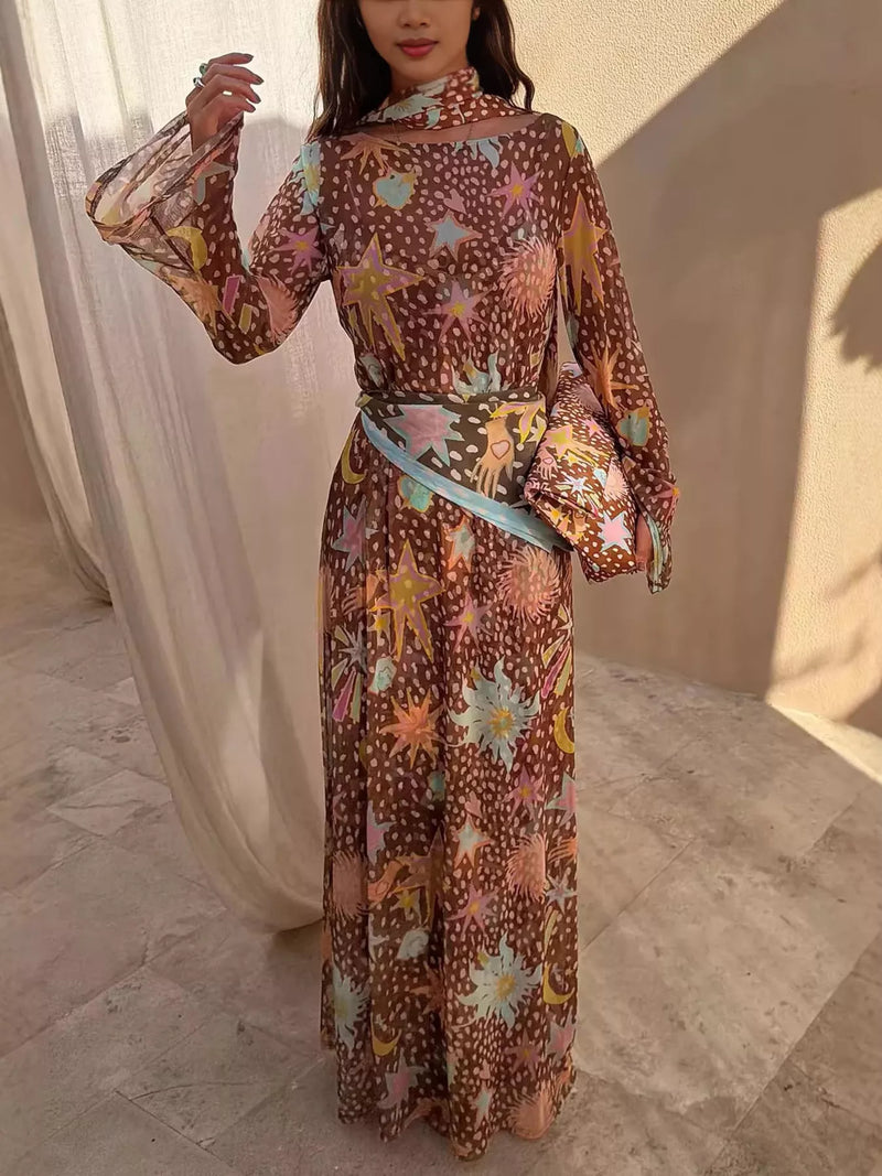 Printed cami and long sleeve dress set front view