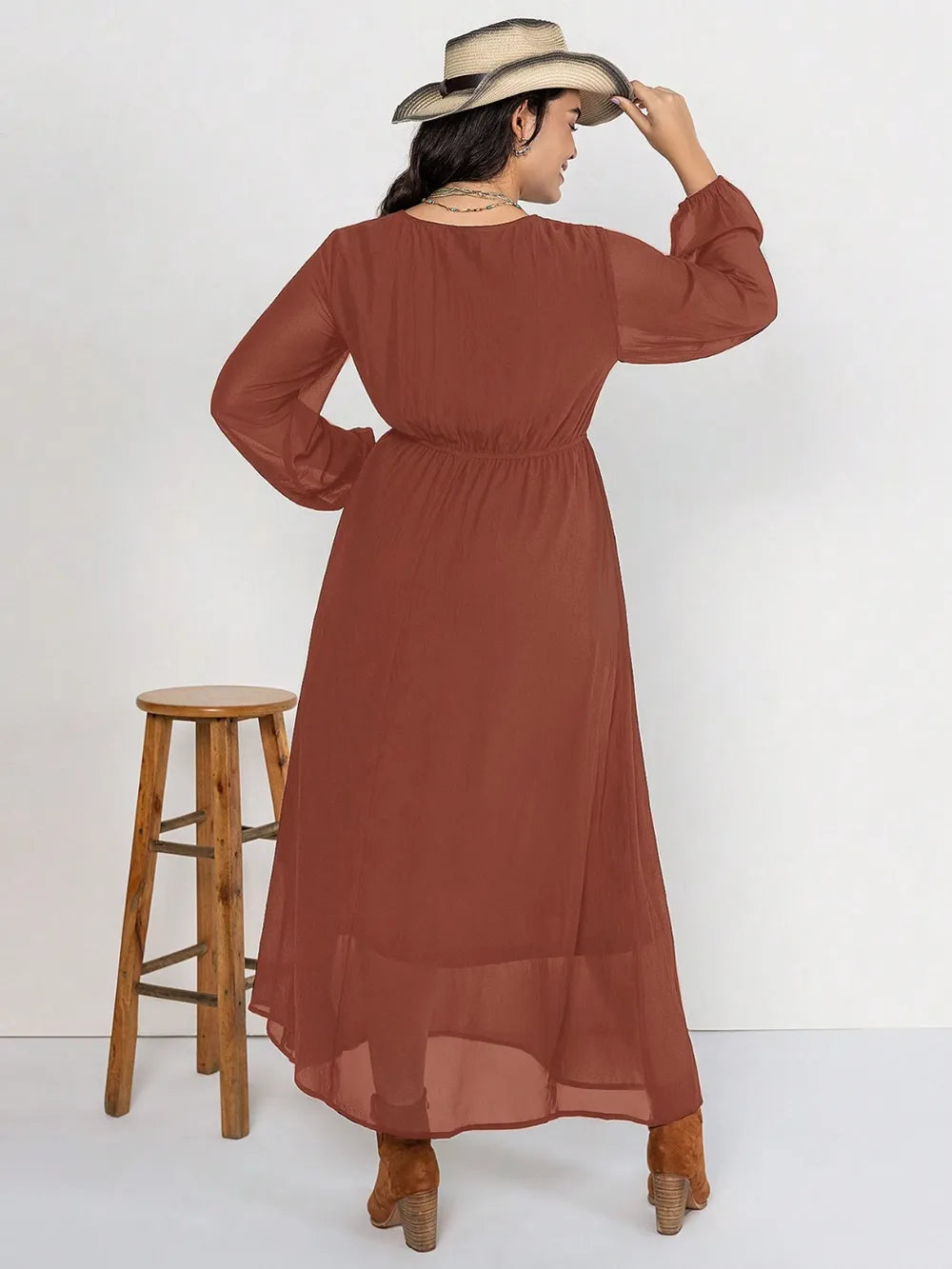 Plus size embroidered tie neck maxi dress in chestnut three quarter view