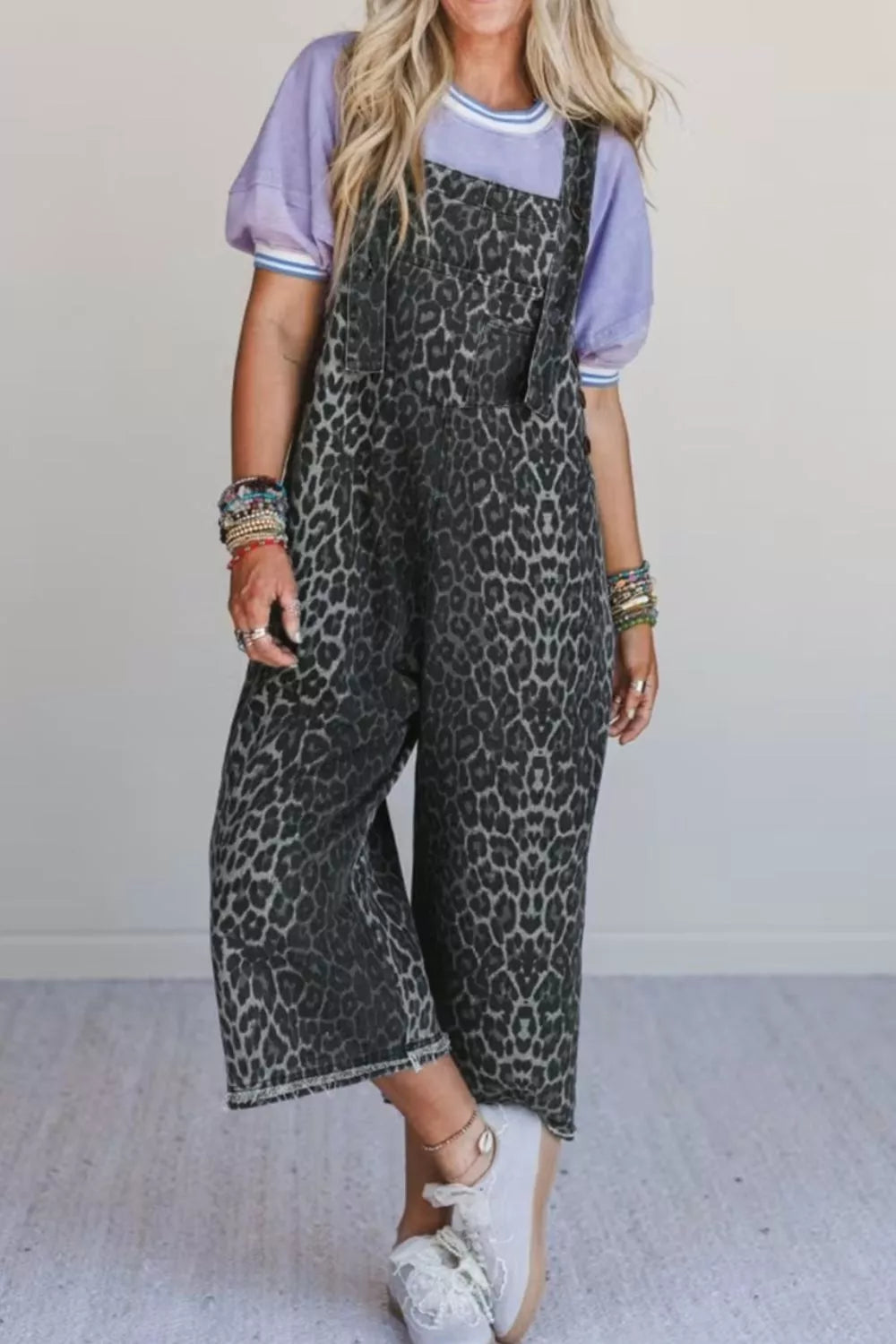 Leopard print overalls button detail