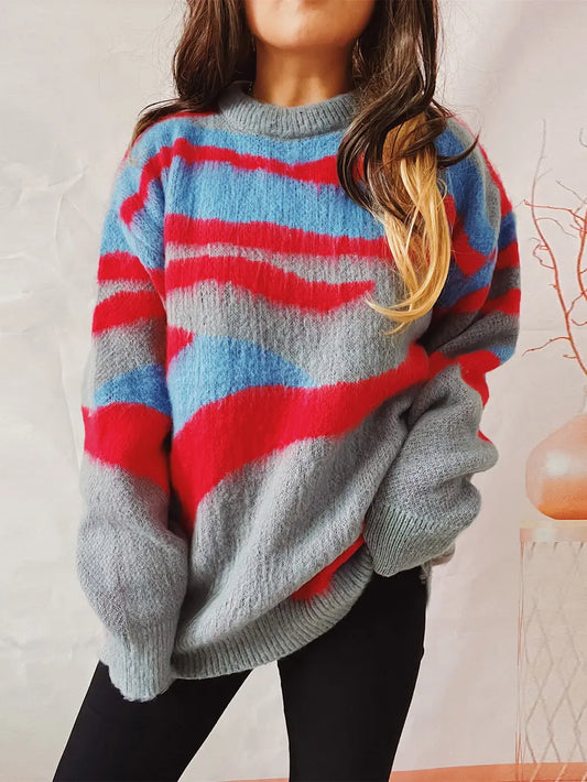 Color Block Round Neck Sweater Deep Rose - Fashorio