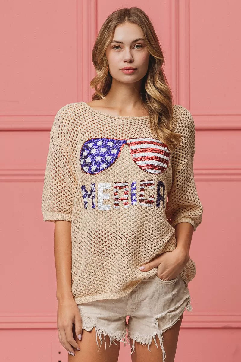 Patriotic knit cover up sleeve detail