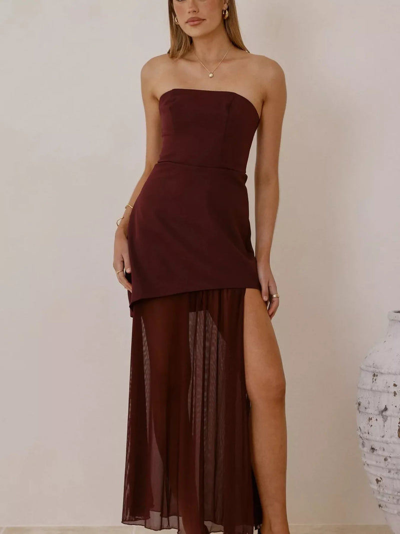 High slit mesh tube maxi dress front view