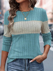 Color Block Round Neck Long Sleeve Sweater Blue - Fashorio