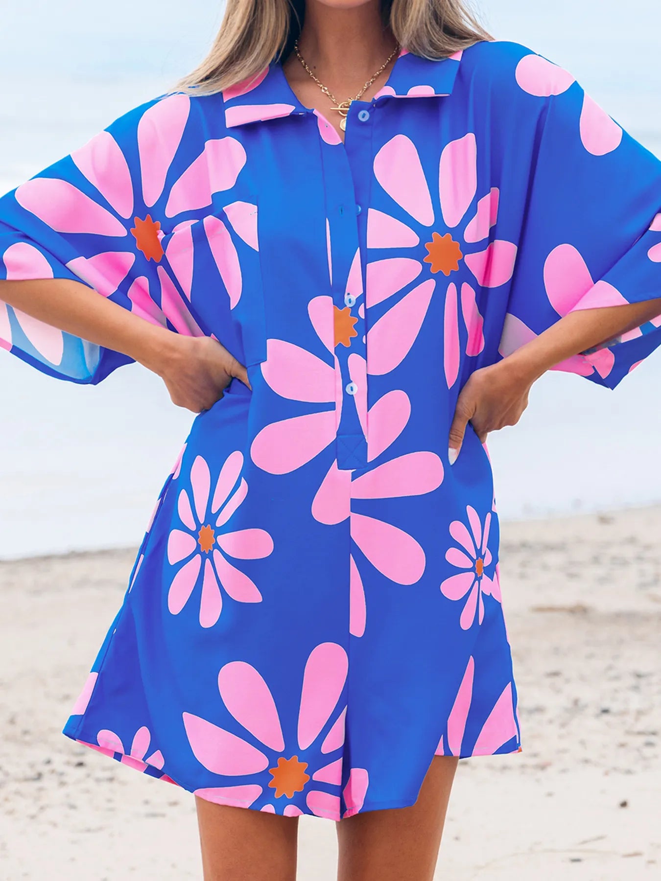 Summer Flower Print Shirt Collar Button Front Loose Romper Blue - Fashorio