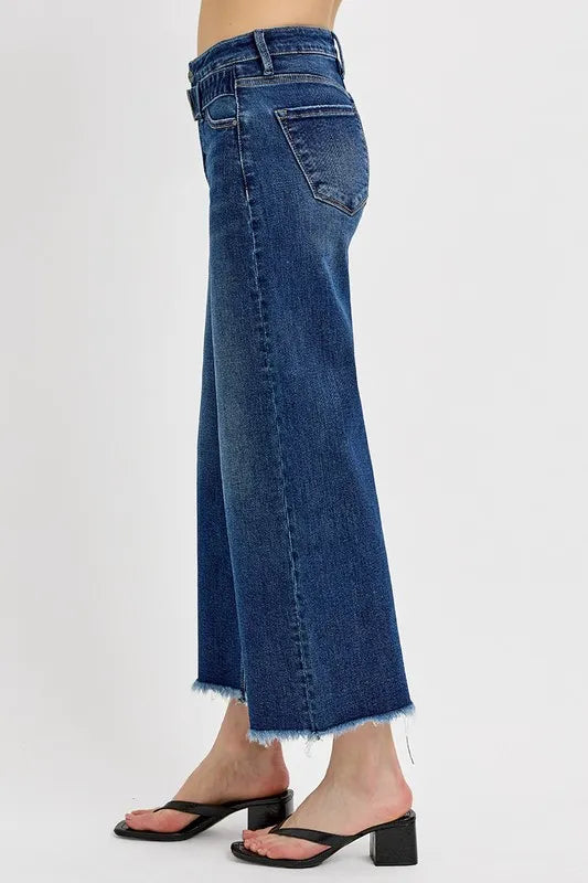 RISEN Raw Hem Wide Leg Attached Buckle Jeans - Fashorio