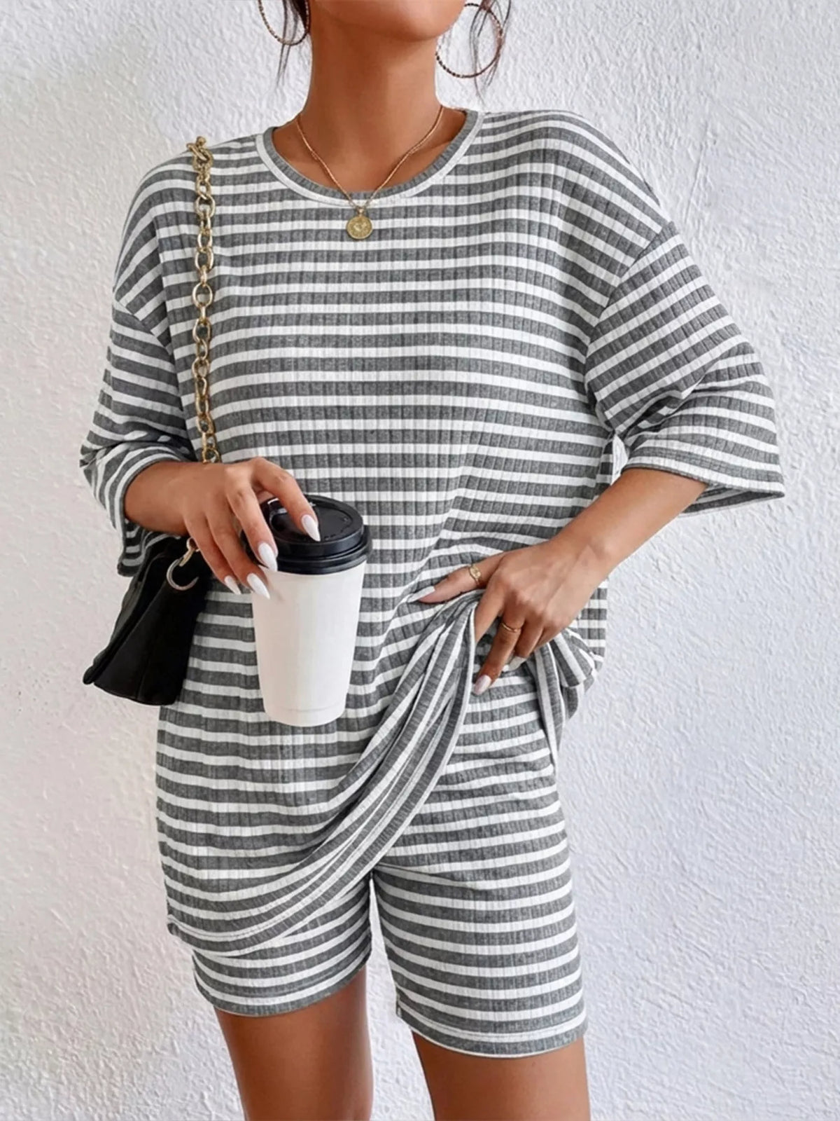 Striped Round Neck Top and Shorts Set, view 21