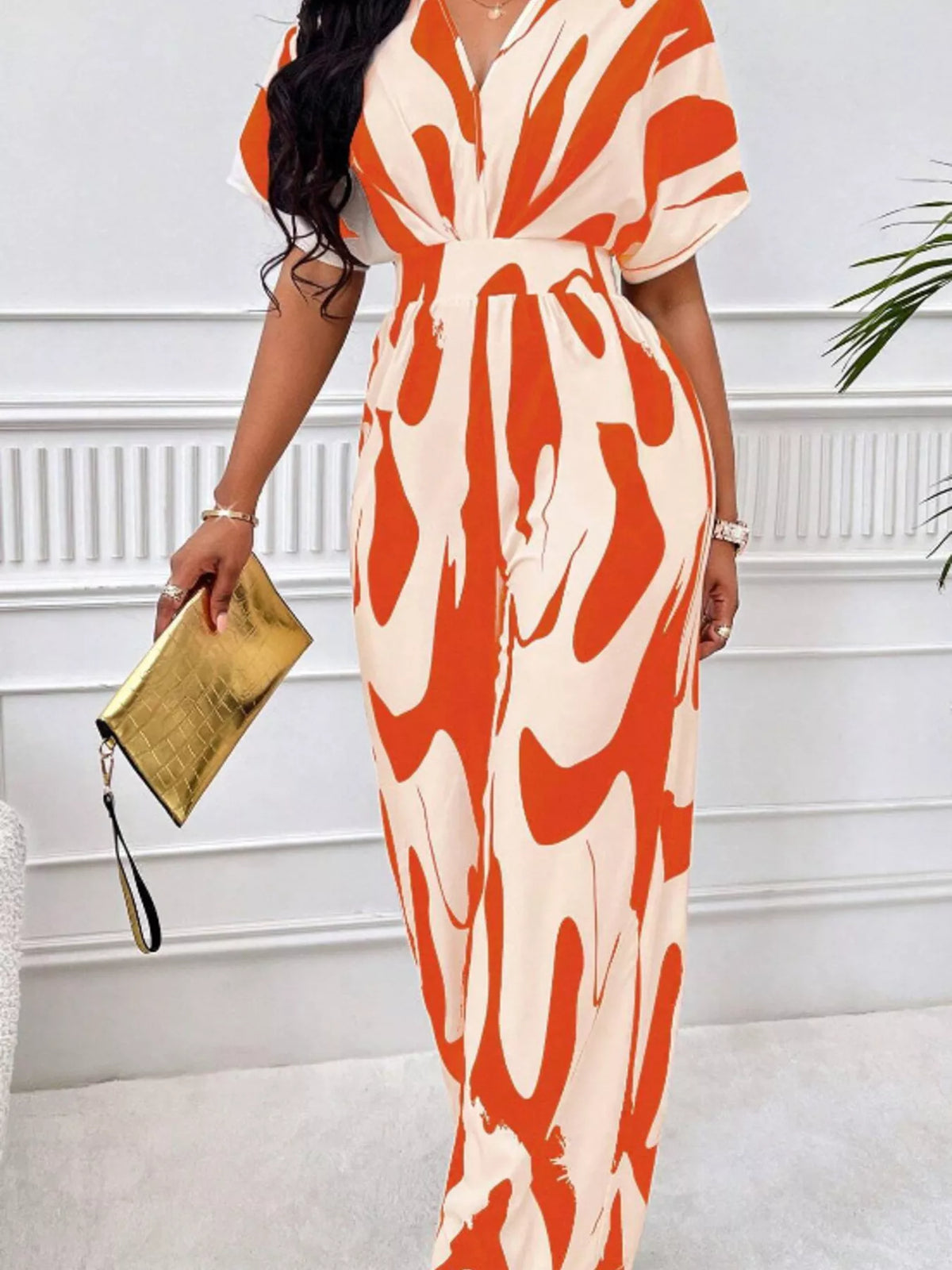 Abstract print wide leg jumpsuit with ruched bodice back view