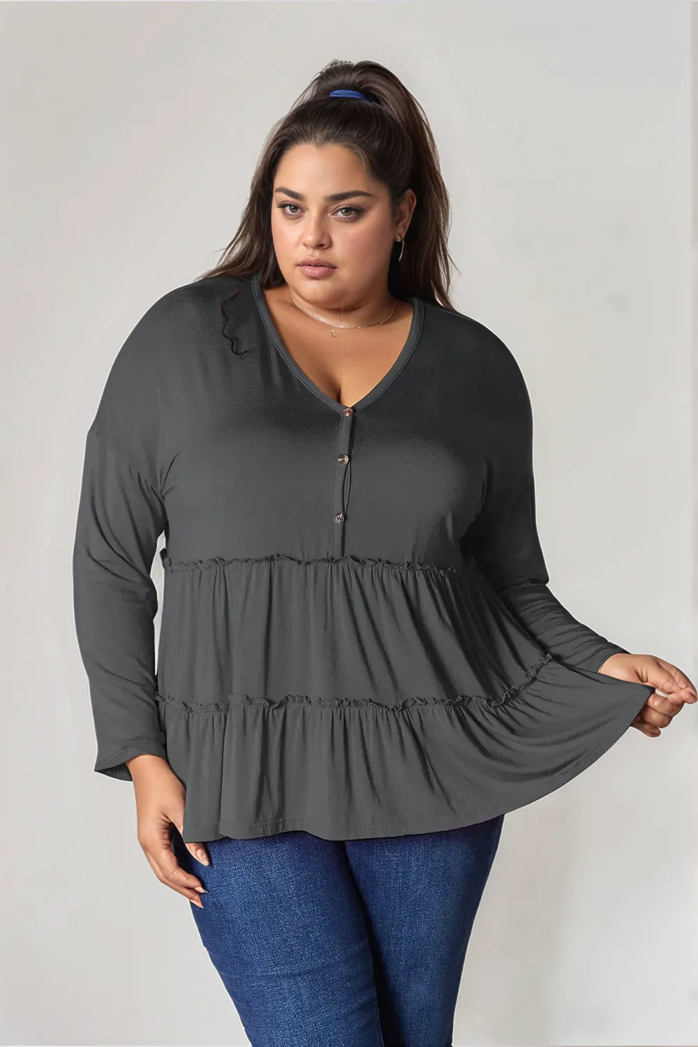 Double Take Half Button Long Sleeve Ruffle Hem Blouse Dark Gray - Fashorio