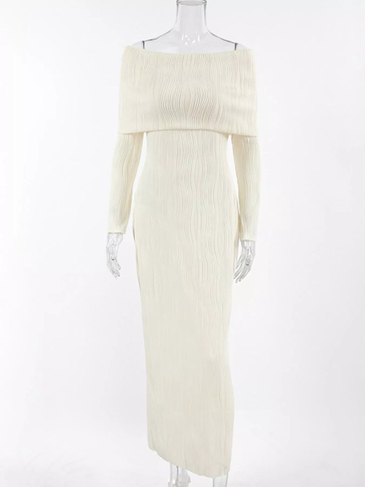Ivory off shoulder textured knit maxi dress, styled look