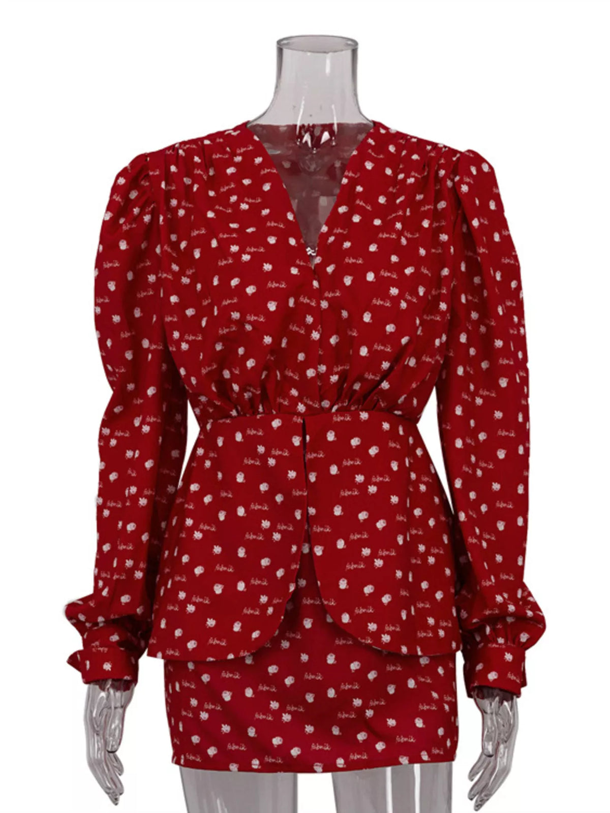 Polka dot print fabric close up on the scarlet dress