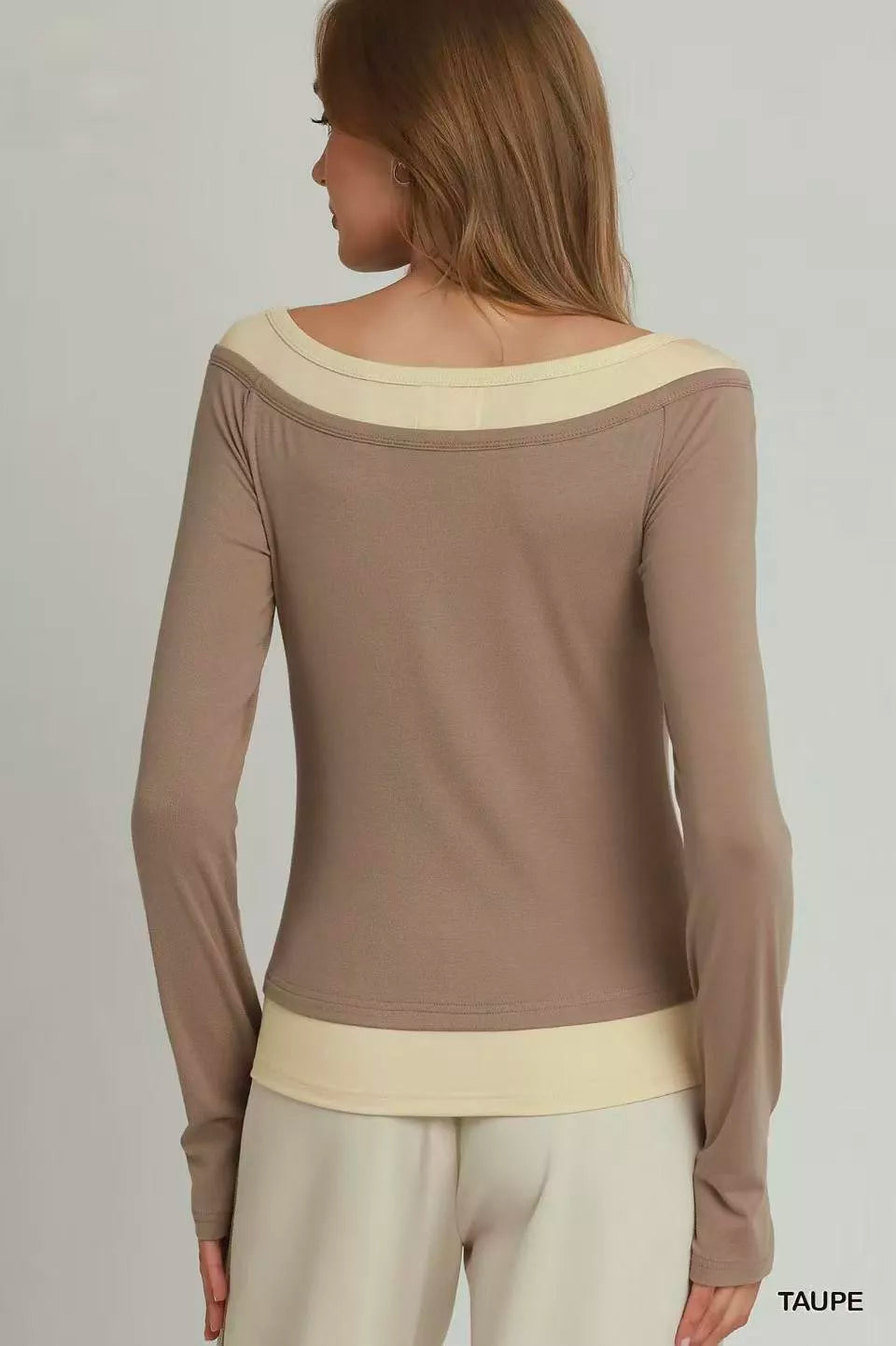 Taupe Umgee layered twofer long sleeve top side view