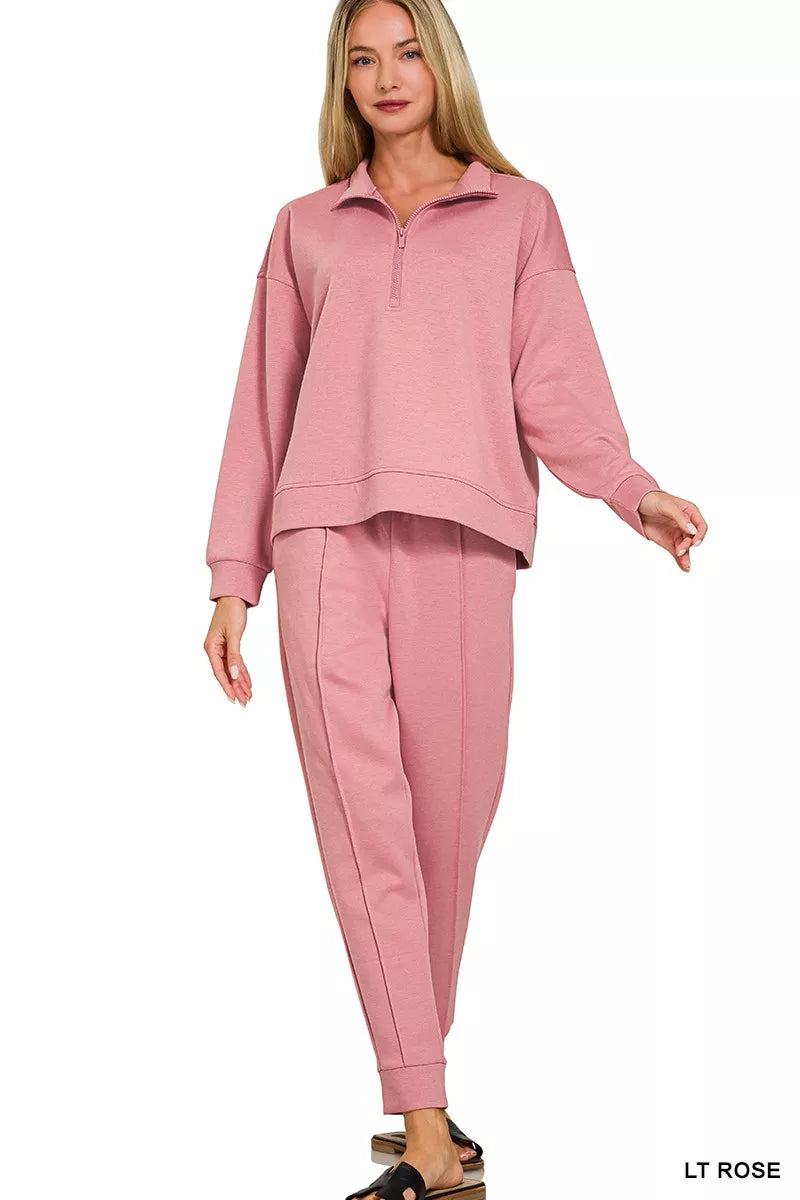 Rose scuba half zip pullover and jogger set front view