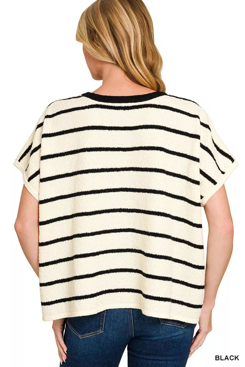 Striped Oversized Sweater Top in Black side view