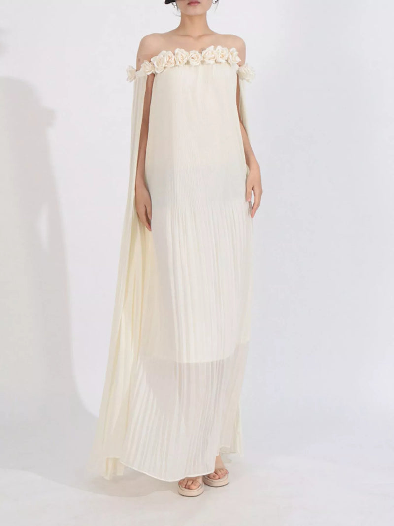 off shoulder floral pleated maxi dress front view