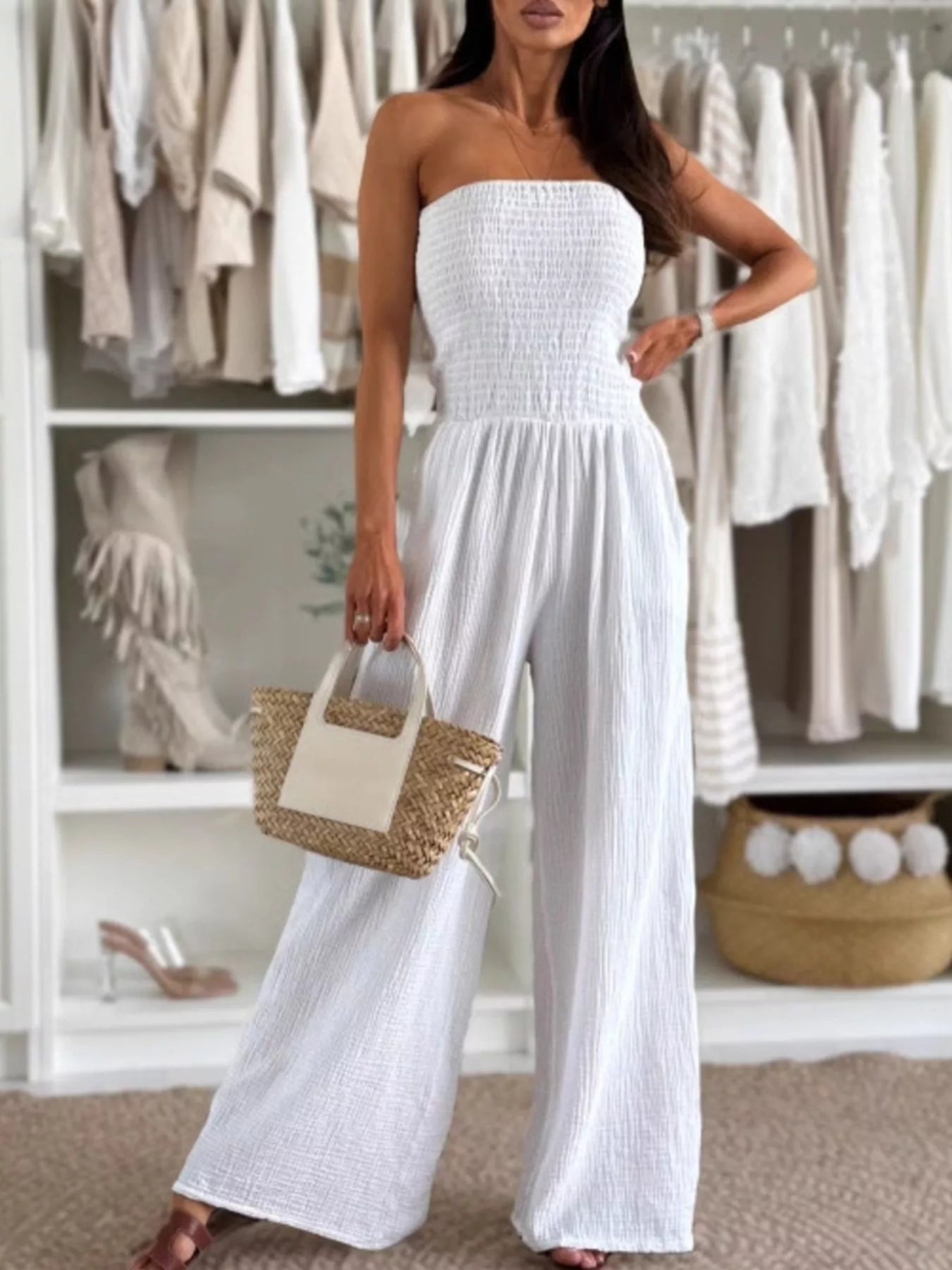 Smocked Tube Wide-Leg Jumpsuit White - Fashorio