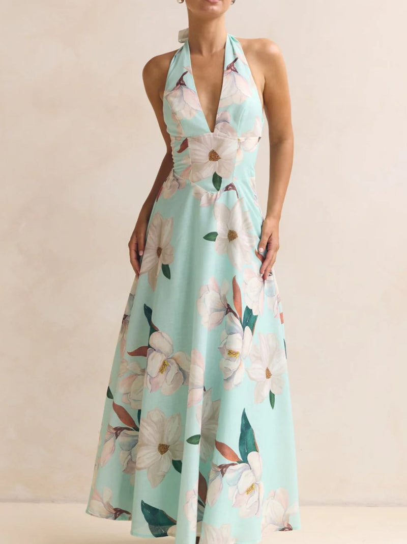 Floral halter neck maxi dress front view