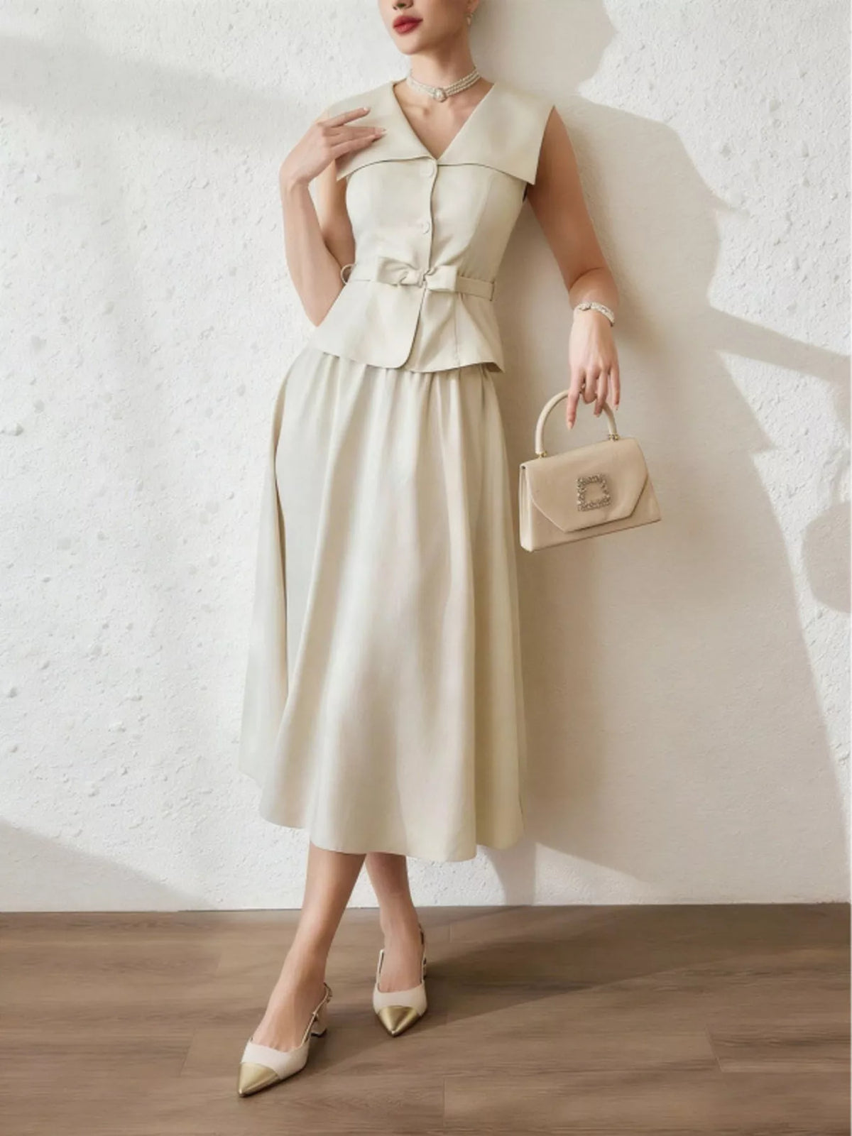 Sleeveless bow top and midi skirt set front view