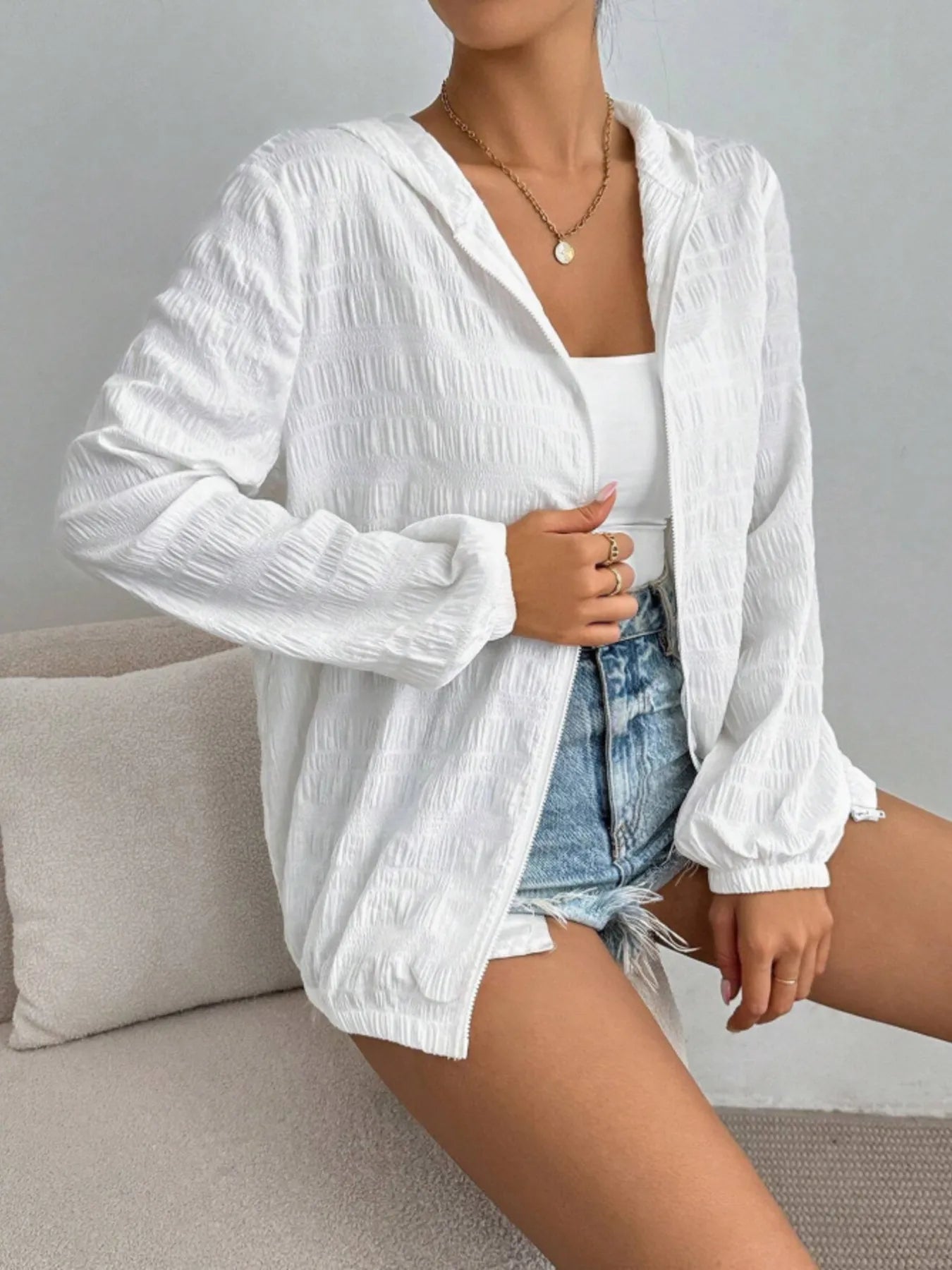 Zip Up Long Sleeve Hooded Outerwear White - Fashorio