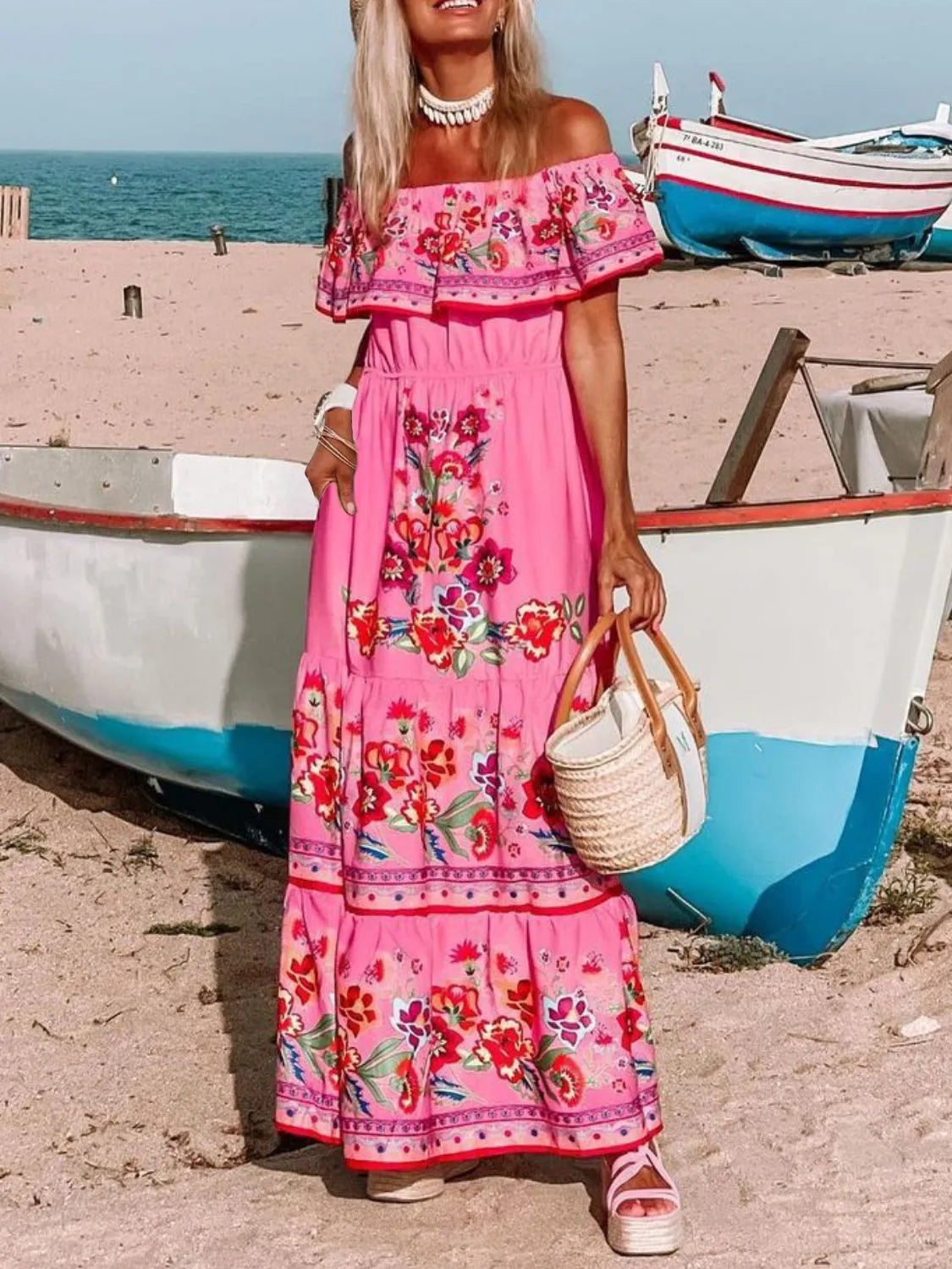 Floral off shoulder ruffle maxi dress view 15
