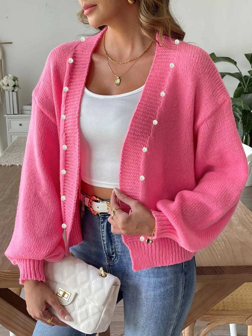 Pearl Open Front Long Sleeve Cardigan Fuchsia Pink - Fashorio