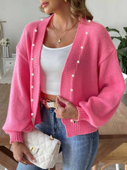 Pearl Open Front Long Sleeve Cardigan Fuchsia Pink - Fashorio