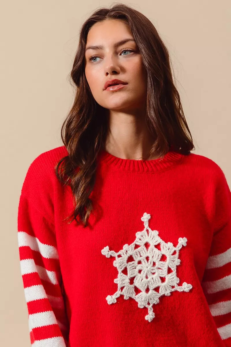 Snowflake Crochet Christmas Sweater in Red and Ivory on model