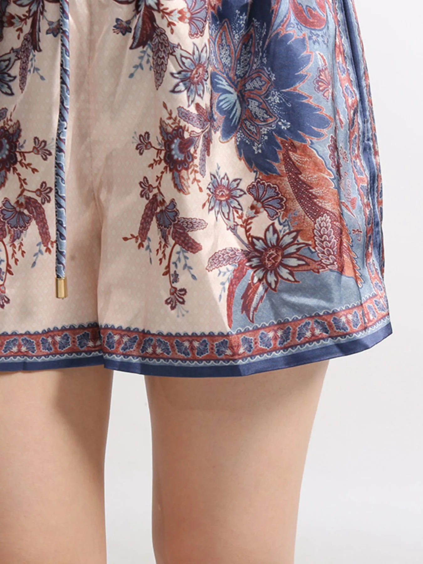 Printed Button Front Long Sleeve Shirt and Shorts Set - Fashorio