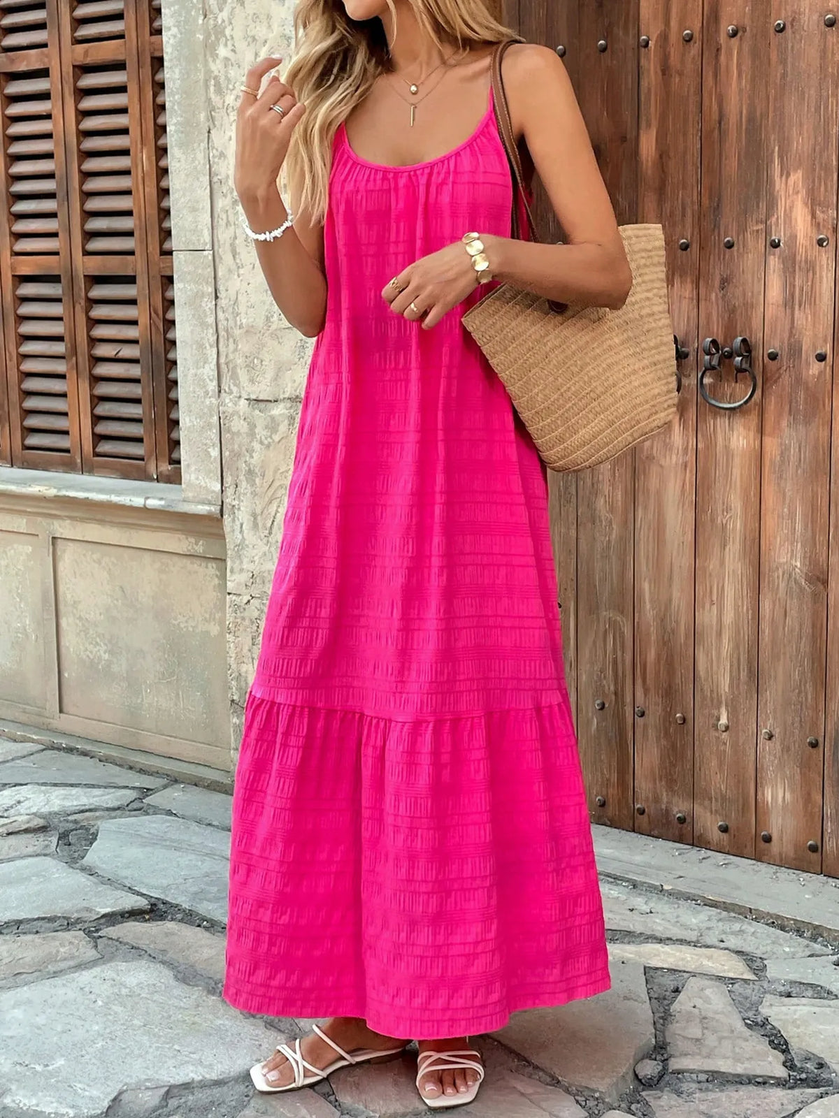Deep rose scoop neck tiered cami maxi dress back view