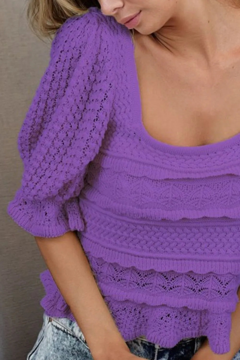 BiBi Square Neckline with Puff Sleeve Crochet Top - Fashorio