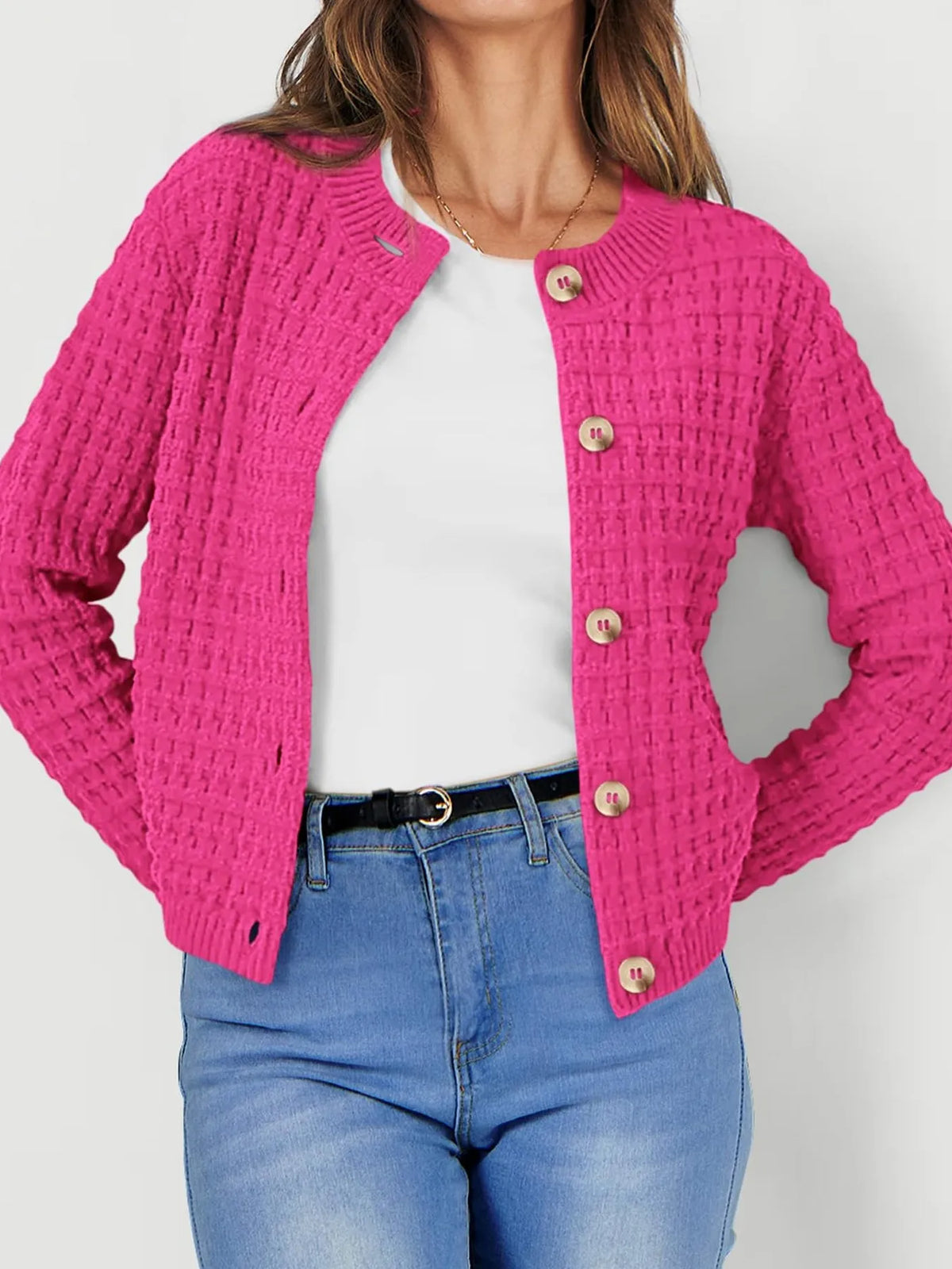 Textured knit button front cardigan, cuff close up