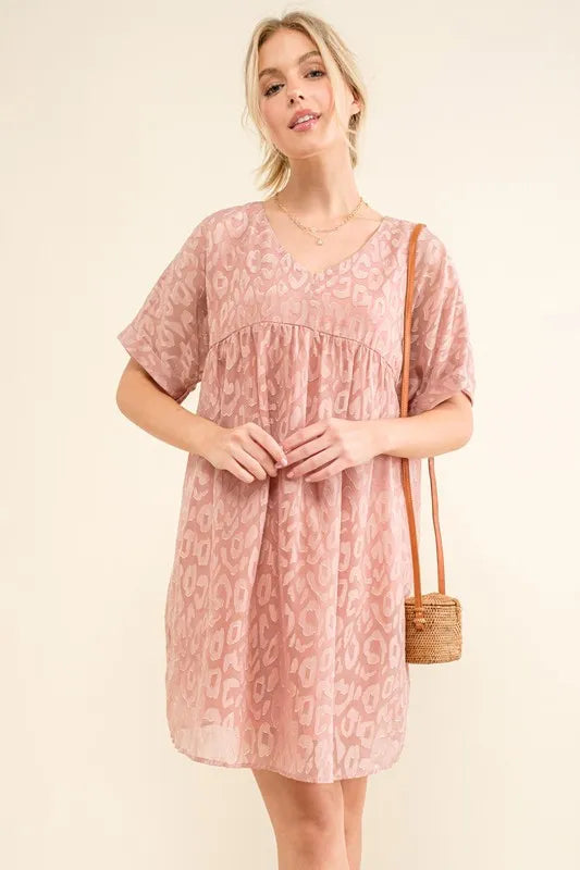 Woven Leopard Baby Doll Roll Sleeve Casual Dress view 7