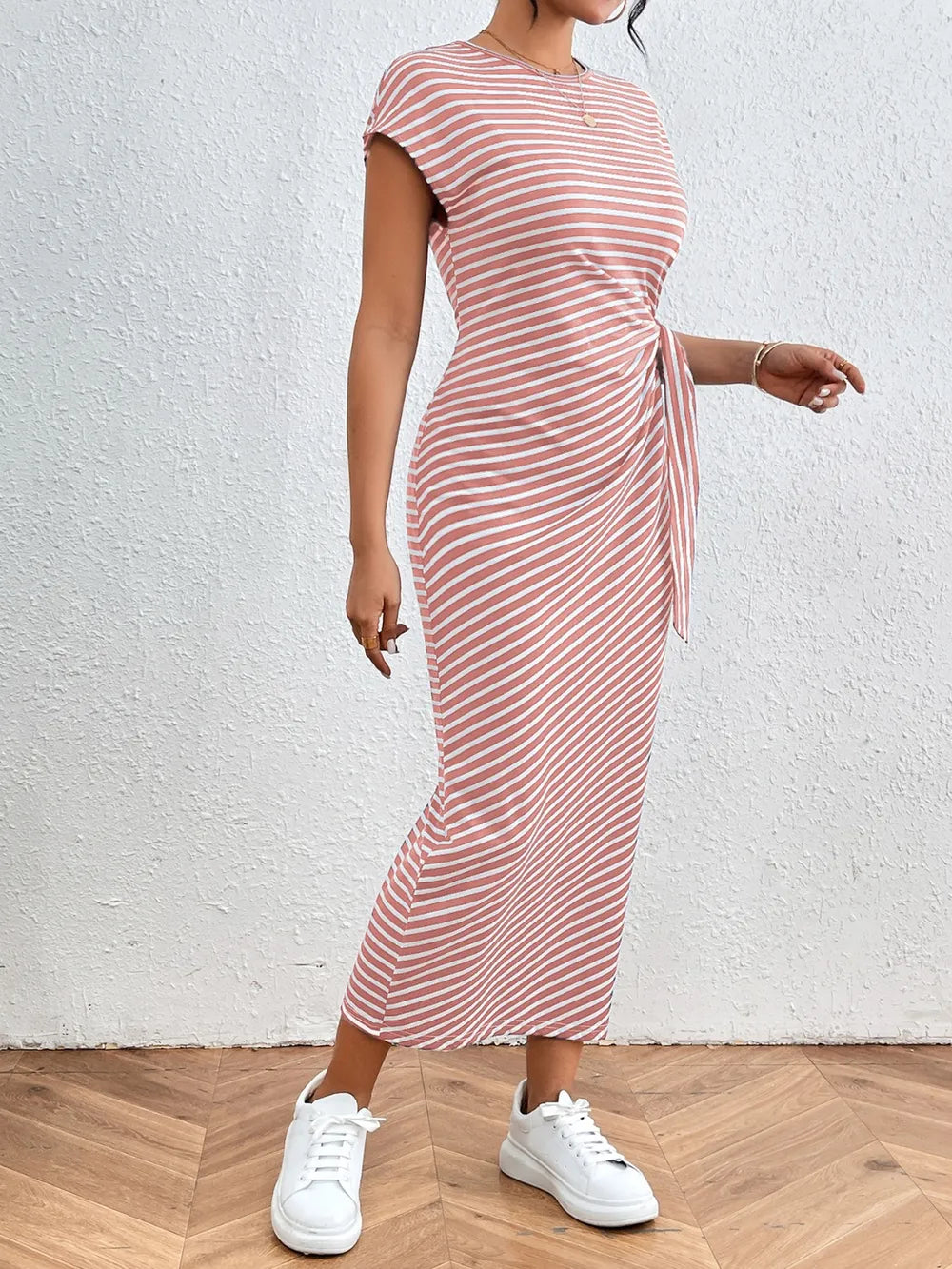 striped round neck short sleeve tee dress outdoor styling