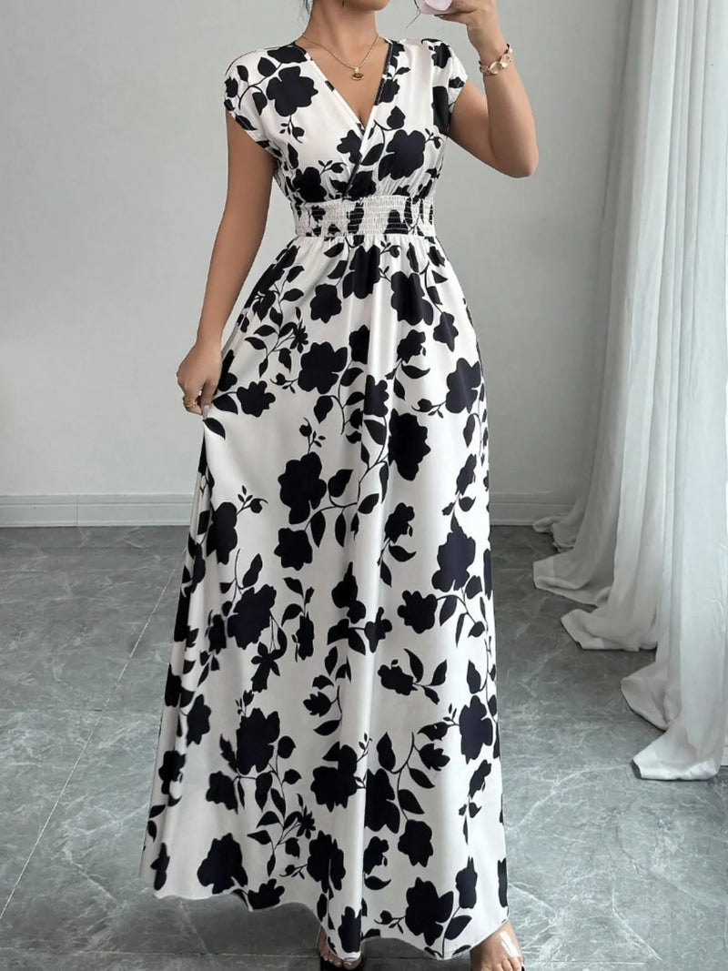 White printed surplice cap sleeve maxi dress front view