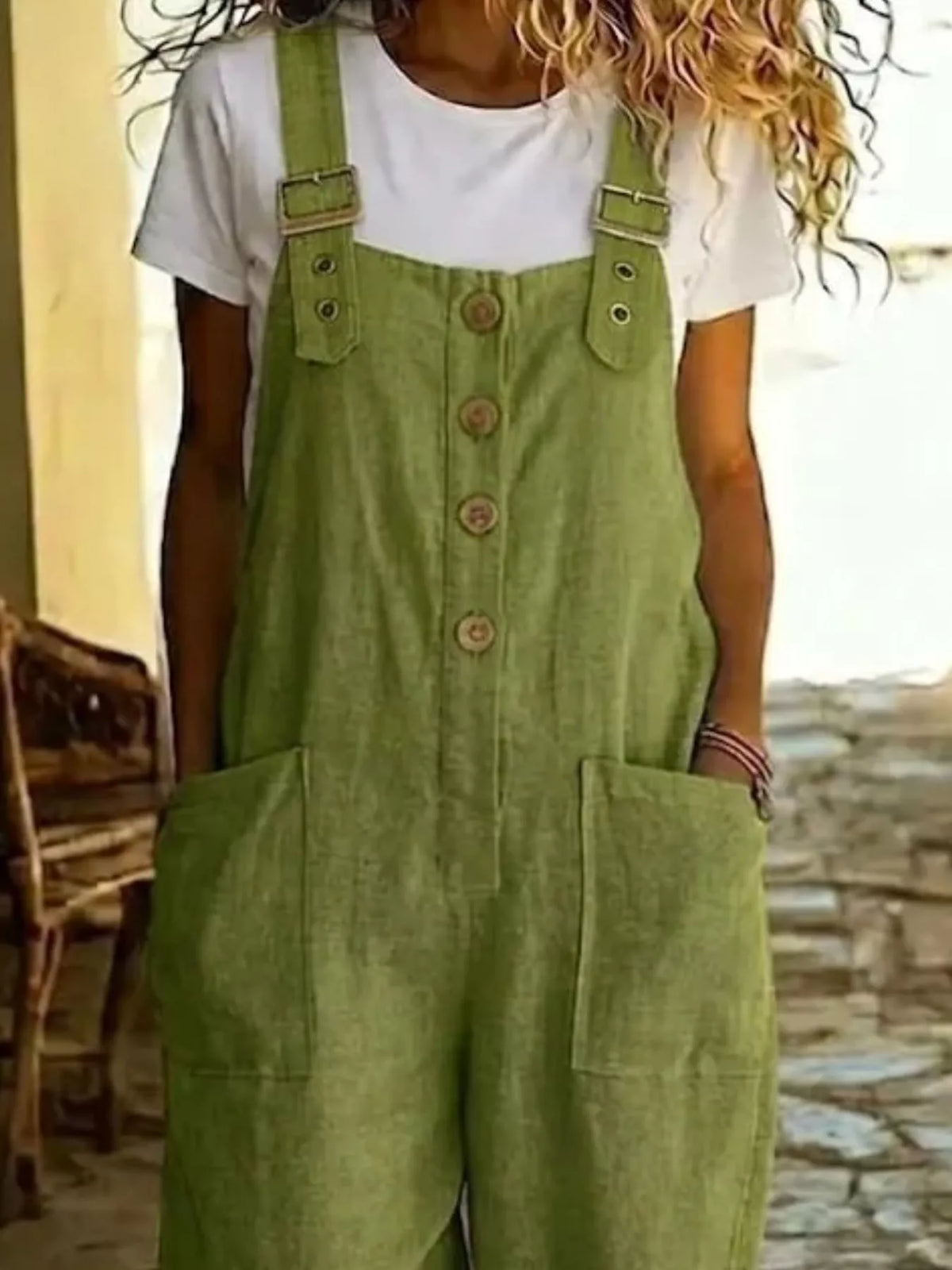 Button front wide leg overalls close up view